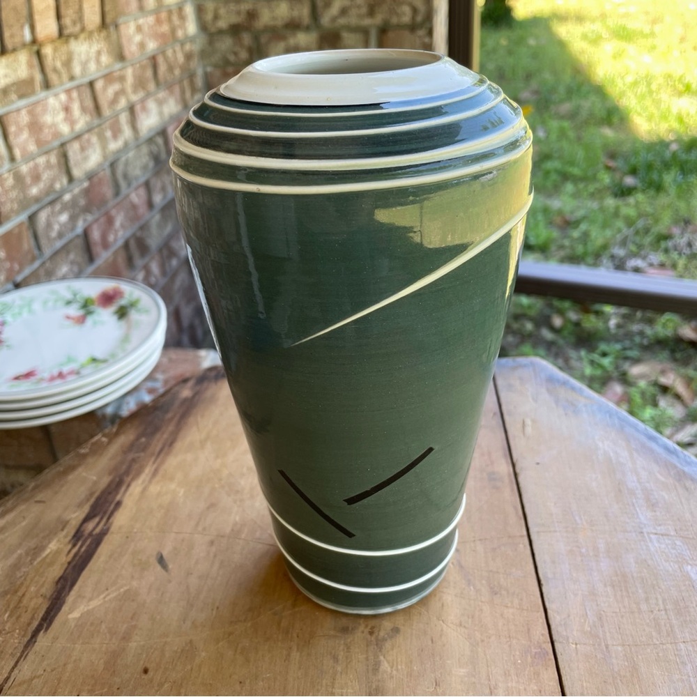 Vase Signed Pottery MCM 8 1/2” Tall Green White Black Pretty!